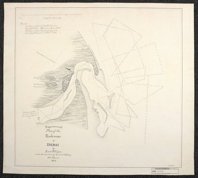1822 年英国东印度公司海洋勘测员绘制的迪拜海图，题为《德拜后海三角测量图》，由 R. Cogan 中尉在 J. M. Guy 中尉的指导下绘制，H. C. Marine 作者 英语学校