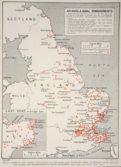 图表显示1914年12月16日至1918年6月17日1918-19期间遭受敌对空袭和轰炸的英格兰和苏格兰的确切地点 作者 英语学校