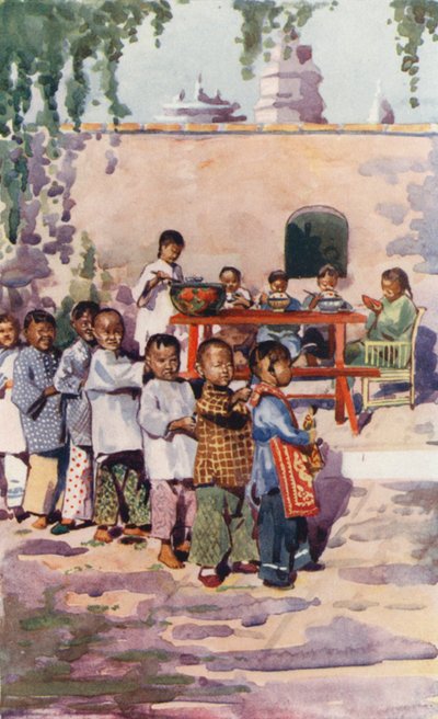 中国儿童：孩子们在吃饭和玩耍（彩色石版画） 作者 英语学校