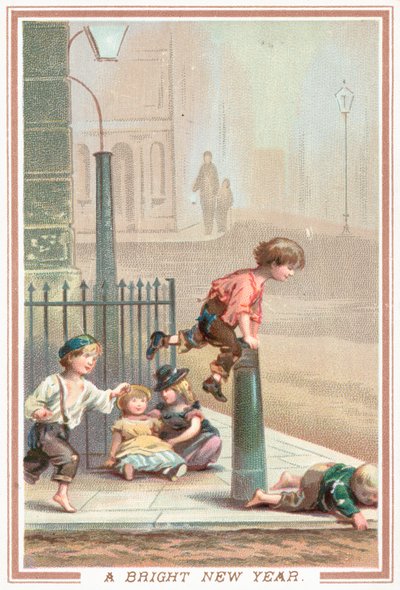孩子们在街上玩跳跃青蛙，新的一年卡 作者 英语学校