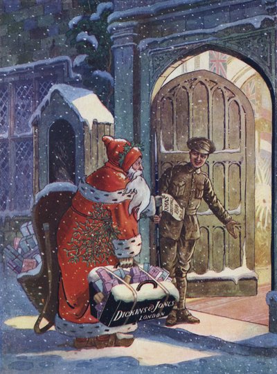 Christmas advertisement showing Santa Claus bringing gifts for WW1 soldiers from Dickins and Jones department store (colour litho) 作者 英语学校