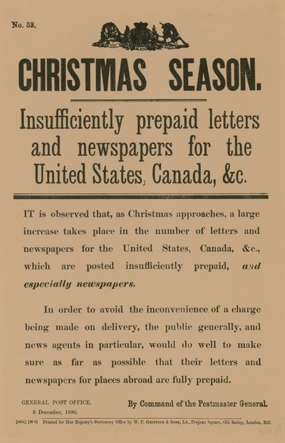 1890年12月9日邮政总局指挥的圣诞邮资通知 作者 English School