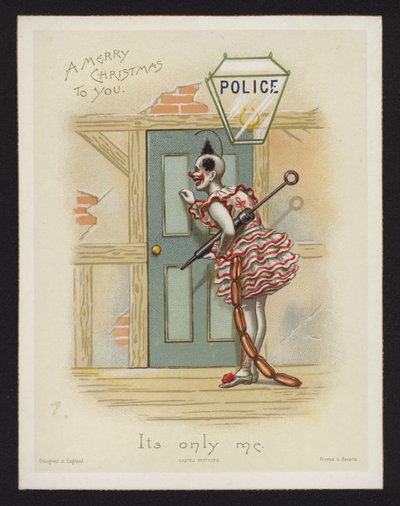 Clown knocking on the door of a police station (chromolitho) 作者 英语学校