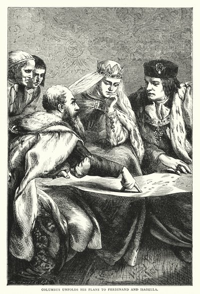 哥伦布向斐迪南和伊莎贝拉介绍他的计划（彩色版画）。 作者 英语学校