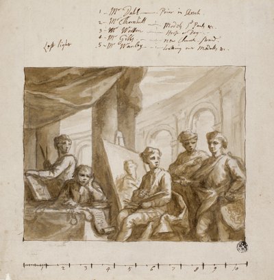 画家公司，约1719年（在象牙色纸上，用石墨刷和棕褐色水洗，在石墨上） 作者 英语学校