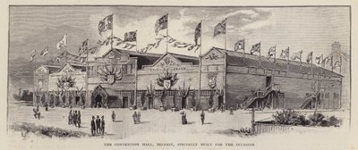 贝尔法斯特会议厅，为 1892 年阿尔斯特工会大会而建，旨在展示阿尔斯特工会主义者对爱尔兰地方自治（石版画）的反对 作者 英语学校