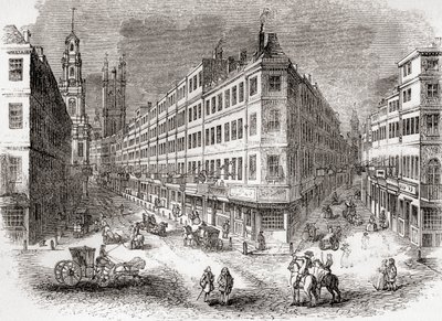 19 世纪中叶英国伦敦的康希尔 (Cornhill)、交易所 (The Exchange) 和朗伯德街 (Lombard Street)，来自旧英格兰：图画博物馆 (Old England: A Pictorial Museum)，酒吧。 1847年 作者 英语学校