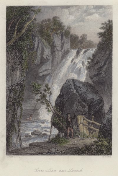 苏格兰拉纳克附近的Corra Linn（彩色雕刻）。 作者 英语学校