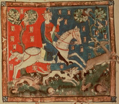 Cott Claud D II f.113 约翰国王狩猎，选自《Liber Legum Antiquorum Regum》，约 1321 年（牛皮纸）。 作者 英语学校