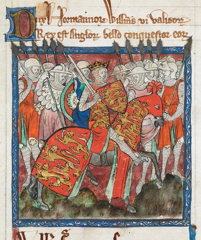 Cott Claud D II f.33 征服者威廉与他的士兵骑马，"Liber Legum Antiquorum Regum"（牛皮纸） 作者 英语学校