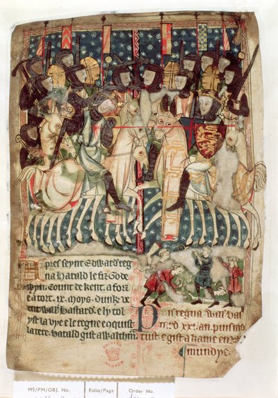 Cott Vitt A XIII f.3v 威廉在黑斯廷斯战役中杀死哈罗德，摘自《盎格鲁-撒克逊和诺曼英格兰国王法令》（牛皮纸） 作者 英语学校
