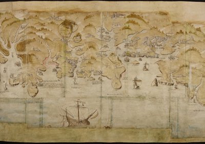 Cotton Augustus I. i. 38 福威和萨尔科姆之间的海岸地图，包括普利茅斯。约 1539 年绘制的 Land
