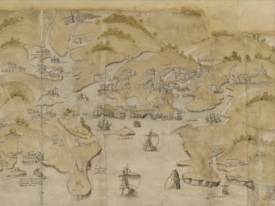 Cotton Augustus I. i. 38 福威和萨尔科姆之间的海岸地图，包括普利茅斯。约 1539 年绘制的 Land