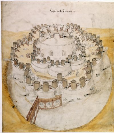 Cotton Augustus I. i. f.20 "唐斯城堡 "的彩色鸟瞰图。可能是德尔城堡的早期设计 作者 英语学校