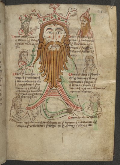 Cotton Caligula A. VIII，f.29 沃登被他的后代包围的图画； 在七国的一片土地上，c.1153-66（牛皮纸） 作者 英语学校