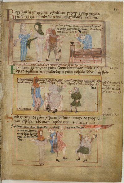 棉布克劳狄乌斯 B IV fol.10 拉麦和他的两个妻子以及他的儿子铁匠图巴尔坎在工作（牛皮纸） 作者 英语学校