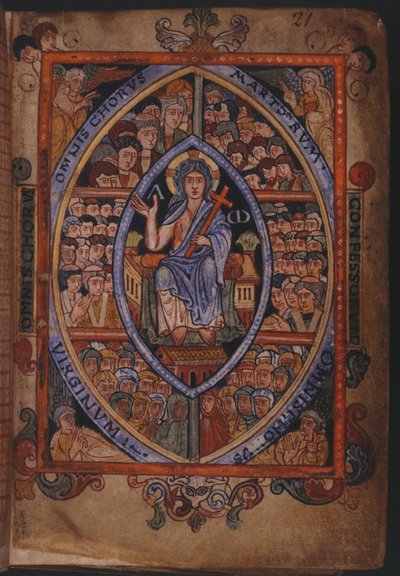 Cotton Galba A. XVIII, f.21 基督与殉道者、忏悔者和处女合唱团一起登基 作者 英语学校