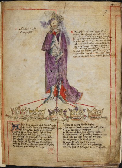 Cotton Julius E. IV, f.7 爱德华三世的画像，附有他在位期间的简短介绍，以及 "从威廉一世到亨利六世的英格兰国王诗篇 "中的诗句，1431 年以后（牛皮纸）。 作者 英语学校