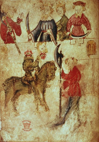 Cotton Nero Ms A X，f.94v：亚瑟大厅中的无头绿骑士，选自《珍珠、洁净、耐心和高文爵士与绿骑士》，约 1375-1400 年（牛皮纸上的墨水和色彩） 作者 英语学校