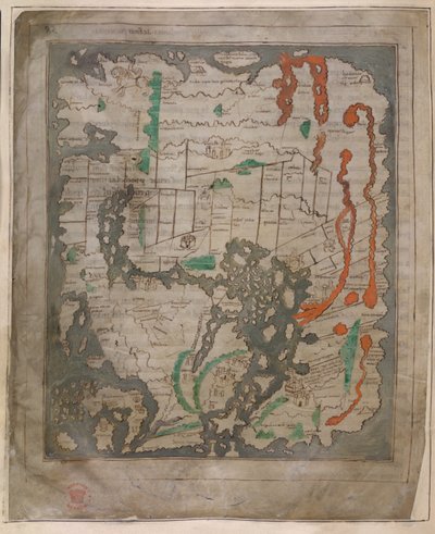 Cotton Tiberius B.V，第 1 部分，f.56v 《提比略地图》，Mappa Mundi（牛皮纸） 作者 英语学校