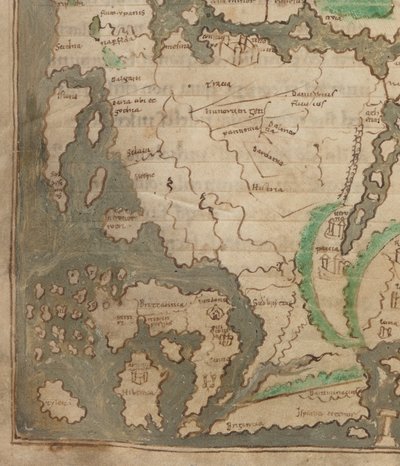 Cotton Tiberius B.V，第 1 部分，f.56v 《提比略地图》，Mappa Mundi，西欧和不列颠群岛细节（牛皮纸） 作者 英语学校