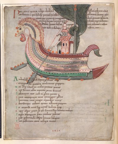 Cotton Tiberius B. V, Part 1, f.40v, A ship, with tower and a serpent head（牛皮纸） 作者 英语学校