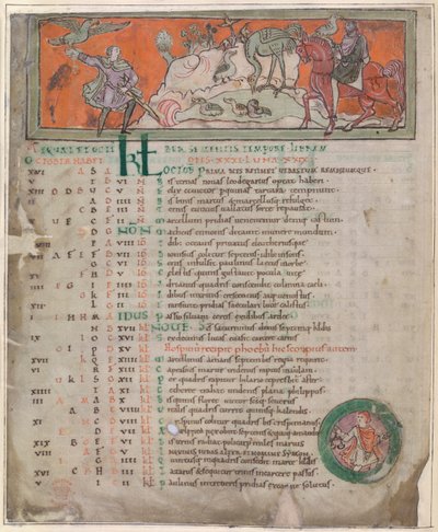 Cotton Tiberius B. V, Part 1, f.7v "盎格鲁-撒克逊日历 "插图（牛皮纸） 作者 英语学校