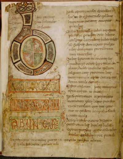 Cotton Tiberius C. II，f.5v 首字母 "B"，动物图案和交错装饰，"The Tiberius Bede.英国教会和人民史"，约 850-900 年（牛皮纸上的墨水和色彩） 作者 英语学校