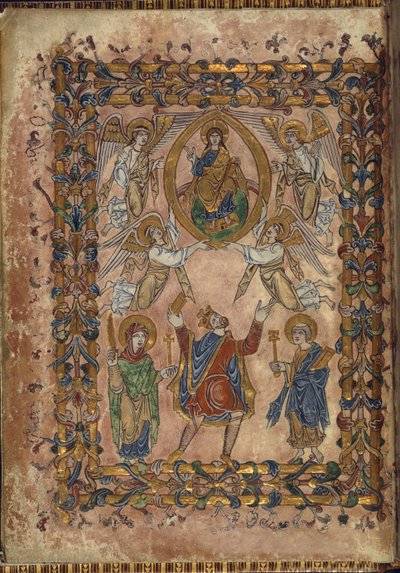 Cotton Vespasian A. VIII, f.2v Edgar 向基督献上宪章，"新明斯特宪章 "插图，966（牛皮纸） 作者 英语学校