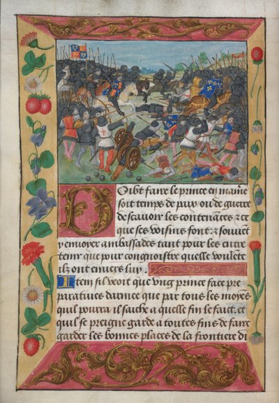 Cotton Vespasian A xvii，f.13v，骑着白马的英格兰国王追赶逃跑的法国国王，选自罗伯特-德-巴尔萨克的《王子战争手册》，约 1490 年代（牛皮纸）。 作者 英语学校