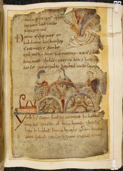 Cotton Vitellius A. XV f.105，一棵金色的葡萄树；三个人在交谈，代表统治红海的善良民族，那里有最好的珍珠，插图来自《贝奥武夫》，出自《诺威尔法典》（羊皮纸上的墨水）。 作者 英语学校