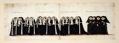 伯爵夫人助理、伯爵夫人和子爵夫人、伯爵和男爵夫人的女儿、贵族侍女和枢密院侍女。伊丽莎白一世女王前往威斯敏斯特大教堂的葬礼队伍的一部分，1603 年 4 月 28 日 作者 英语学校