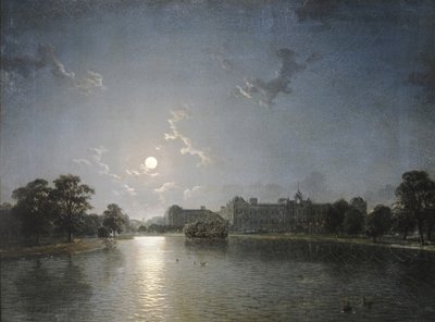 月光下的湖对面的乡村别墅，约1850年（布面油画 作者 英语学校