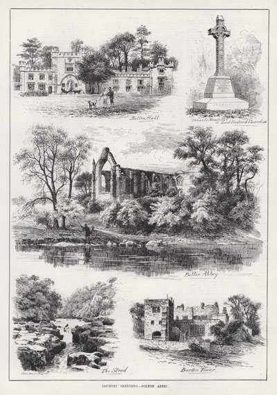 乡村素描，博尔顿修道院（雕刻）。 作者 英语学校