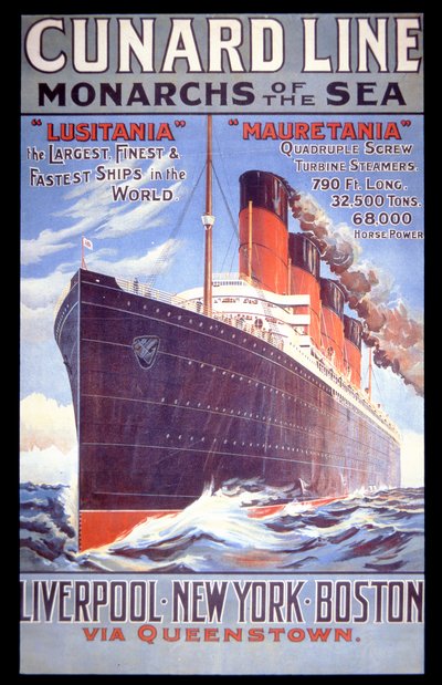 Cunard Line - Monarchs of the Sea"，Lusitania和Mauretania的海报。 作者 英语学校