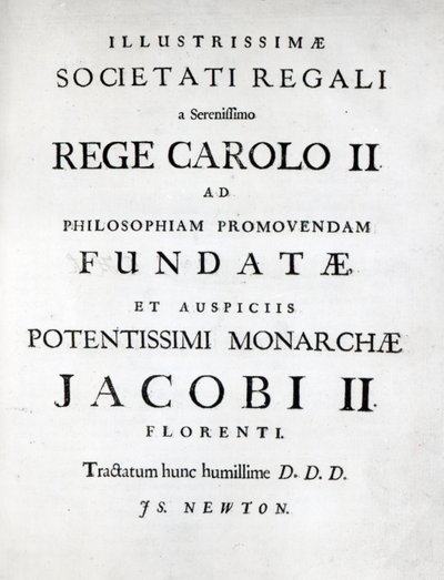致力于皇家学会的第一版牛顿Philosophiae Naturalis Principia Mathematica，1687 作者 英语学校