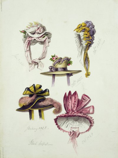 Regency Hats的设计，1828年（wc用铅笔在纸上） 作者 英语学校