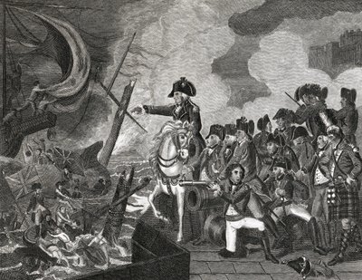 在直布罗陀之前毁坏枪船，1816年由H.Cook雕刻 作者 英语学校