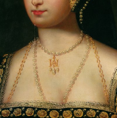 安妮·博林 (1504-36) c.1533 肖像的细节（布面油画） 作者 英语学校