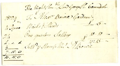 Devonshire MSS AS 3101，对开本，来自Pinder Simpson为George Cavendish勋爵结算的一捆账单，包括Alexander Bowie的账单。 作者 English School