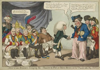 Boney 博士_将力量带到 Pot，或者 John Bull 和他的朋友们相当害羞，酒吧。 1808（手工彩色雕刻） 作者 英语学校