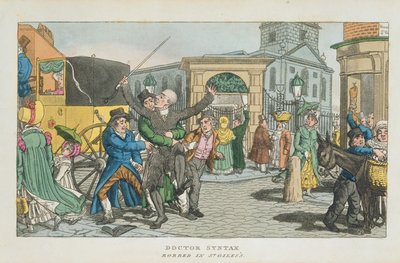 Syntax博士在圣吉尔斯（St. Giless）抢劫，从伦敦医生语法之旅，或大都会的乐趣和苦难。诗歌，1820年出版（aquatint） 作者 英语学校