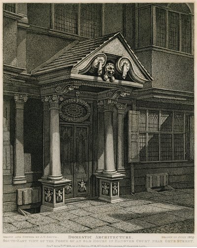 国内建筑：在Grub街附近的汉诺威法院的一所老房子的门廊的东南视图 作者 英语学校