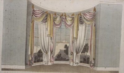 圆形窗户的窗帘，第108页，来自Ackermann的《艺术文献》，1820年出版（彩色平印）。 作者 英语学校