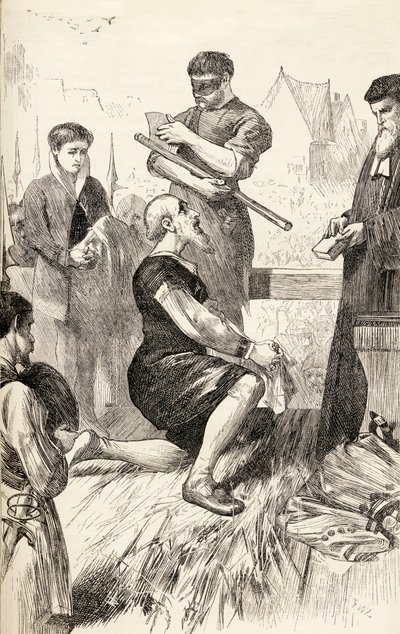 Edward Seymour在脚手架上等待执行，1865年（木版画） 作者 英语学校