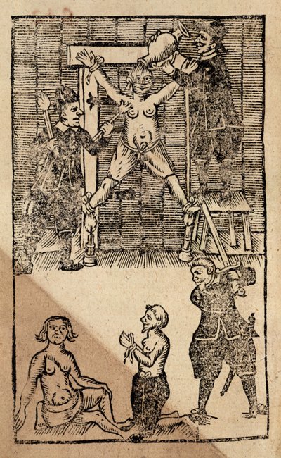 例如 1475 f.1 安博伊纳的荷兰定居者在 1623 年大屠杀之前拷打一名英国商人，大屠杀结束了英国在东印度群岛的贸易（木刻画） 作者 英语学校