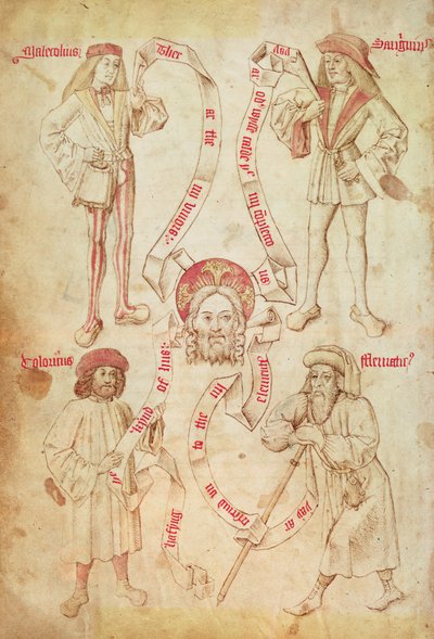 Eg 2572 f.51v 《四种幽默》，选自约克理发师公会手册（牛皮纸） 作者 英语学校