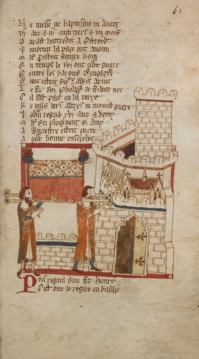 Egerton Ms 3028 f.061r 约翰国王的遗体被送往伍斯特大教堂安葬，插图选自《法国诗歌浪漫曲......》，作者罗伯特-韦斯，巴约教士（牛皮纸）。 作者 英语学校