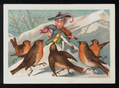 拿着小提琴招待一群知更鸟的精灵，新年问候卡。(chromolitho) 作者 英语学校