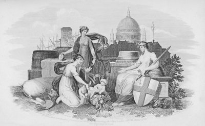 Commerce and Plenty 的象征性代表，向伦敦市展示世界四分之四的财富（雕刻） 作者 英语学校